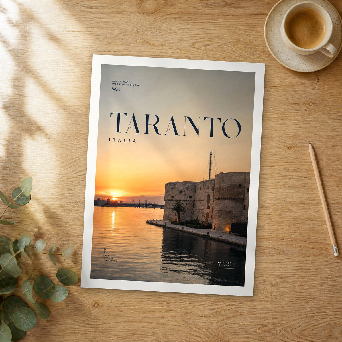 Unframed Taranto bold typography travel poster on a wooden table