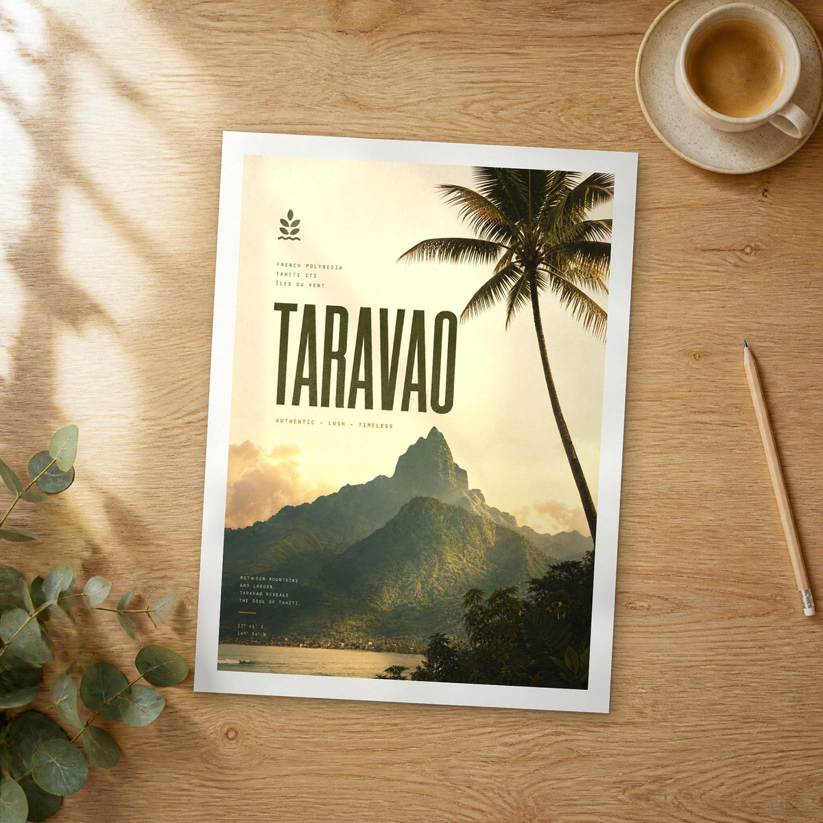 Unframed Taravao bold typography travel poster on a wooden table