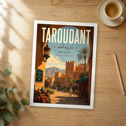 Unframed Taroudant retro travel poster on a wooden table