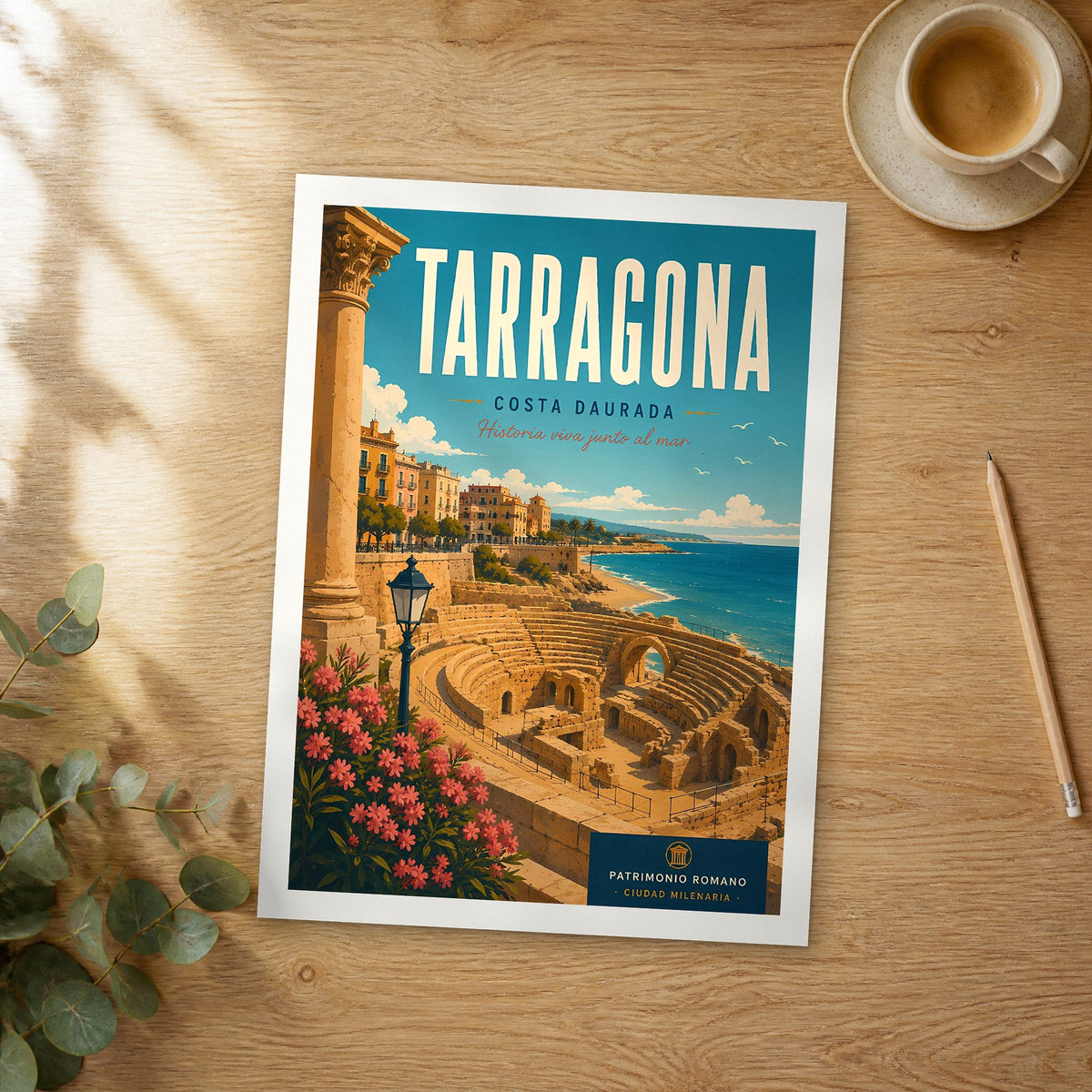 Unframed Tarragona retro travel poster on a wooden table