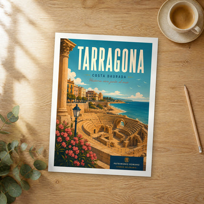 Unframed Tarragona retro travel poster on a wooden table