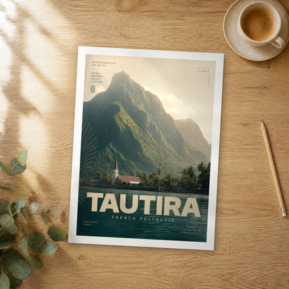 Unframed Tautira bold typography travel poster on a wooden table