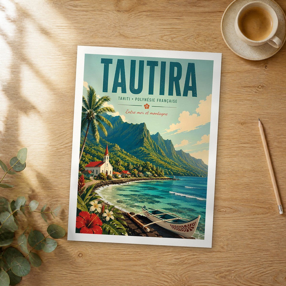 Unframed Tautira retro travel poster on a wooden table