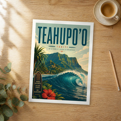 Unframed Teahupo'o retro travel poster on a wooden table