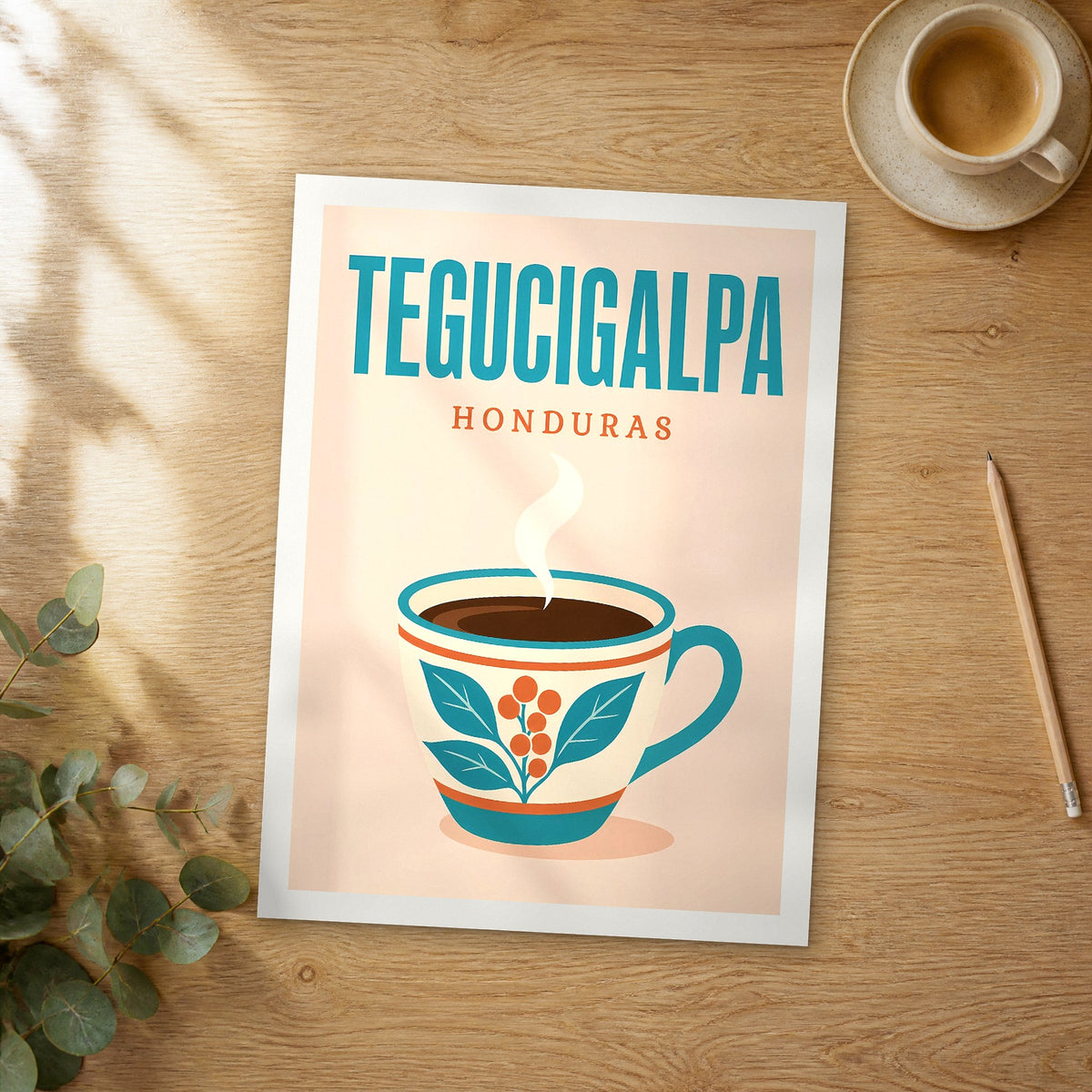 Unframed Tegucigalpa pop art travel poster on a wooden table
