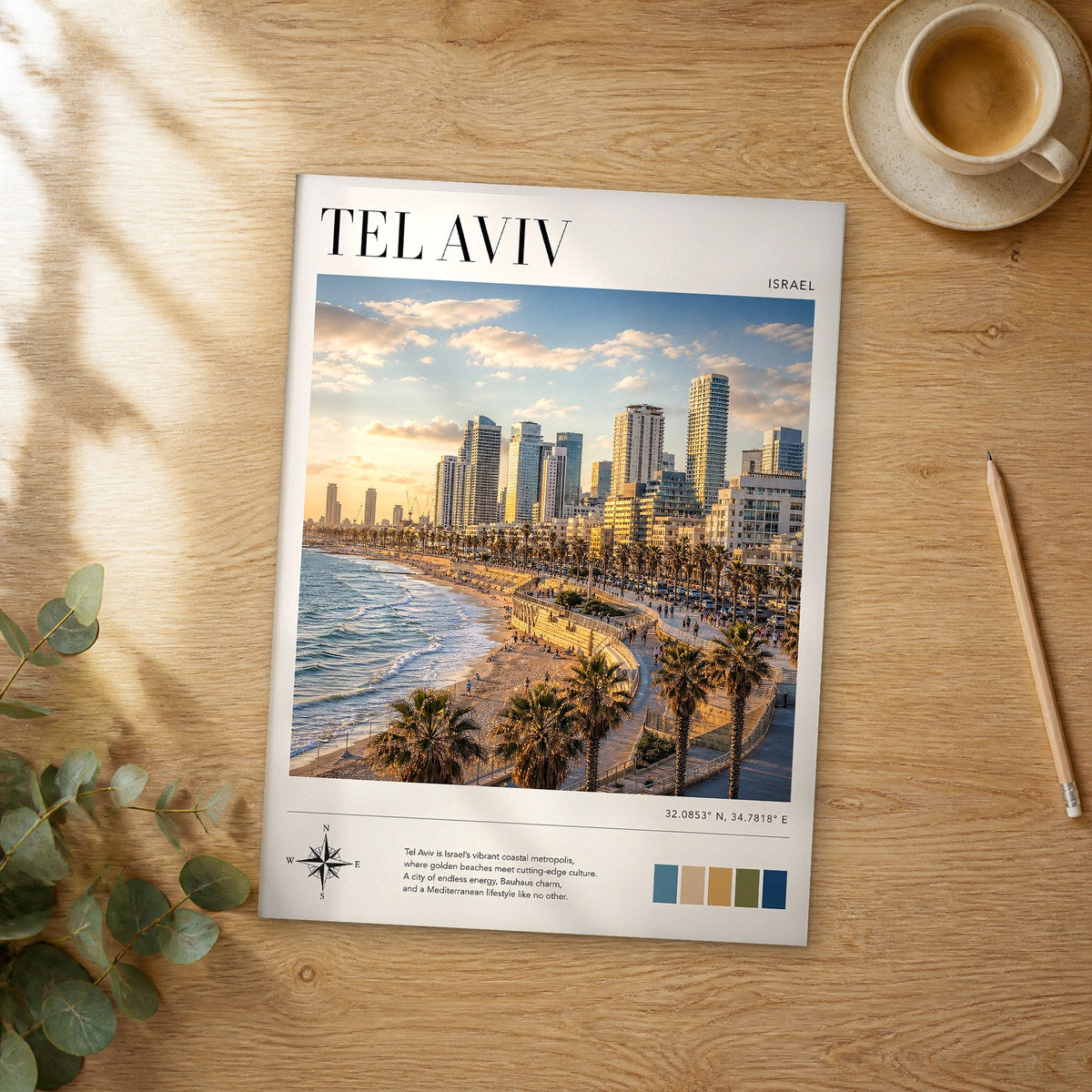 Unframed Tel Aviv modern photography travel poster on a wooden table