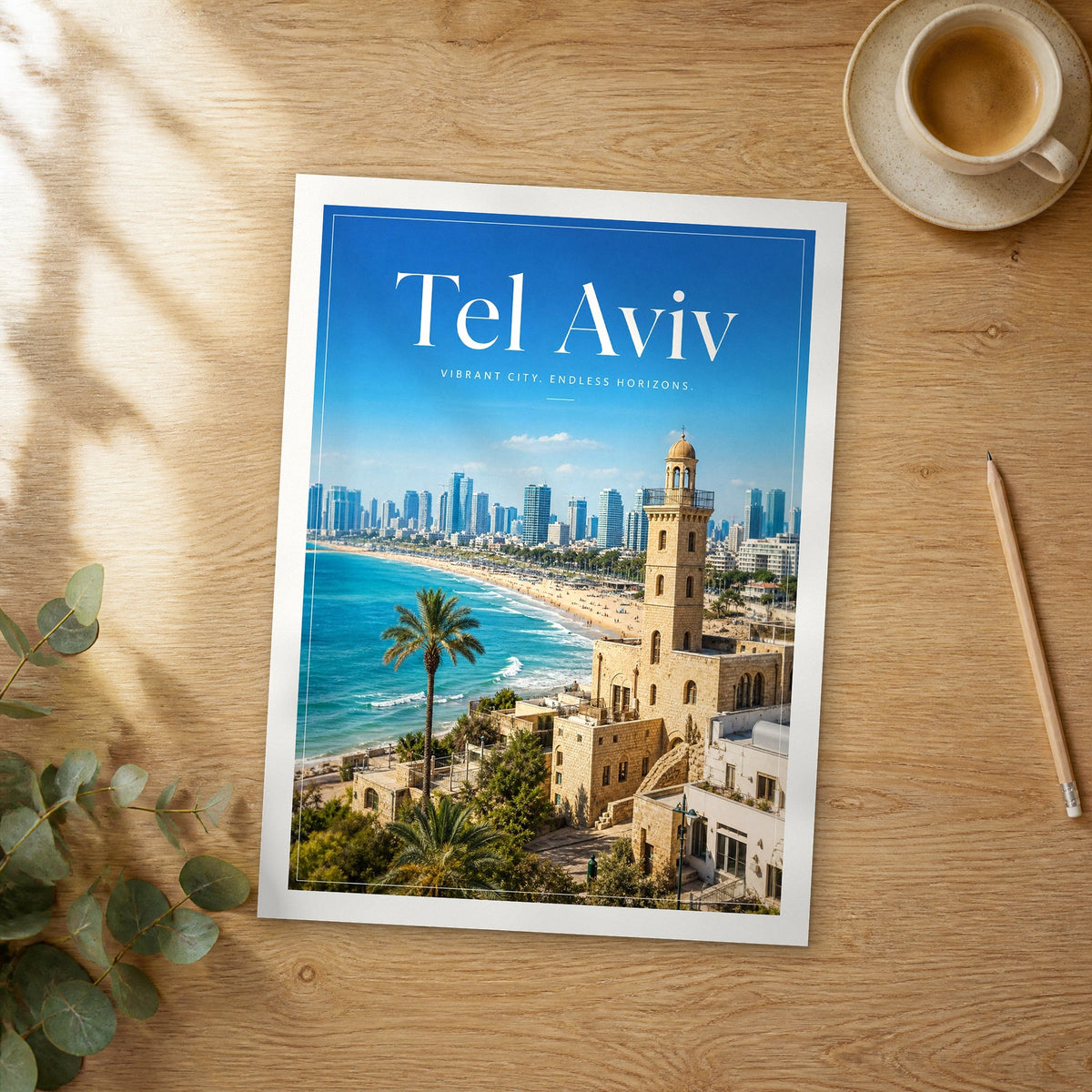 Unframed Tel Aviv Old Jaffa Clock Tower editorial travel poster on a wooden table