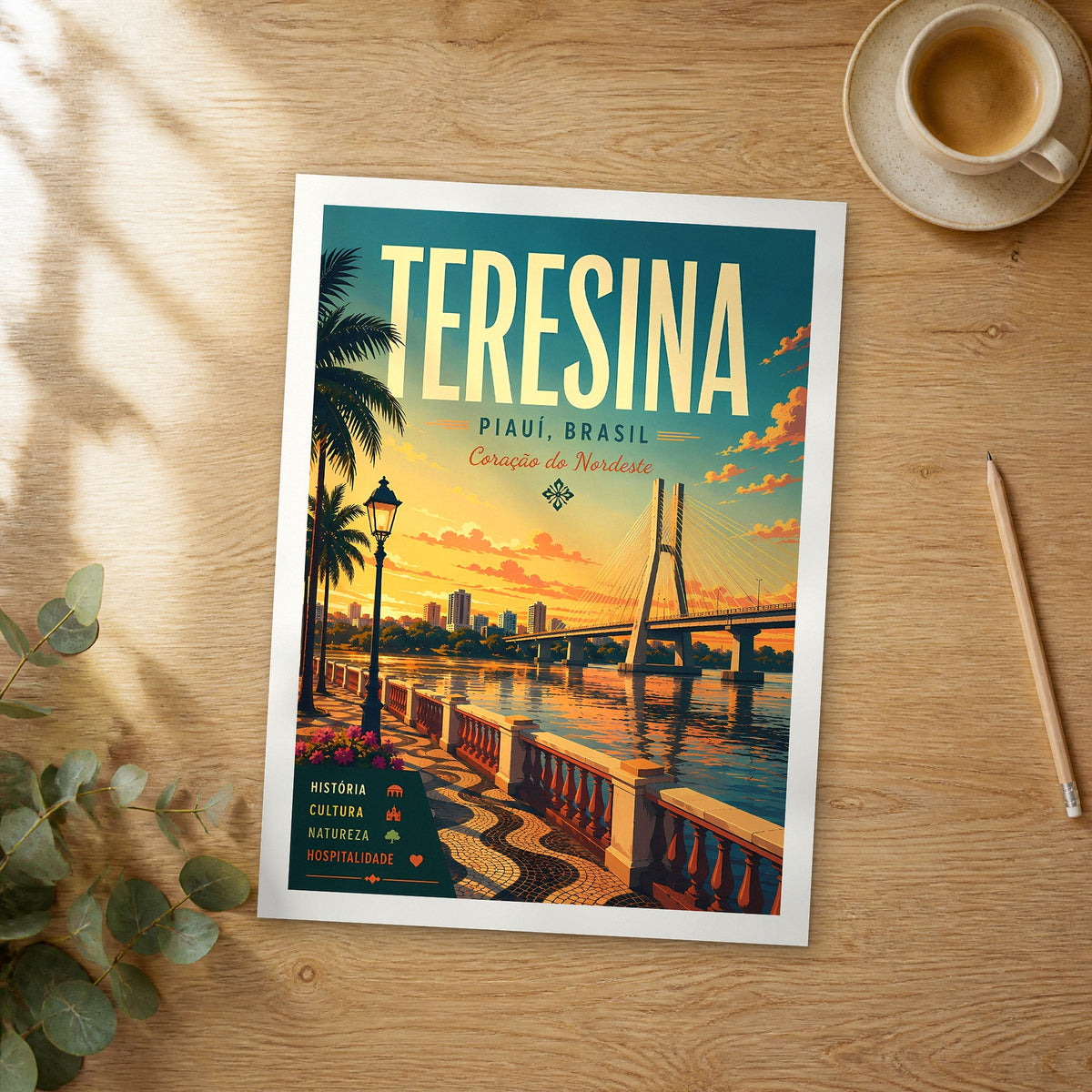 Unframed Teresina retro travel poster on a wooden table