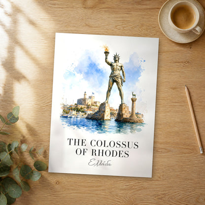 Unframed The Colossus of Rhodes watercolor travel poster on a wooden table