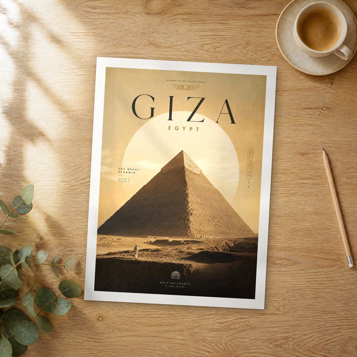 Unframed The Great Pyramid of Giza bold typography travel poster on a wooden table