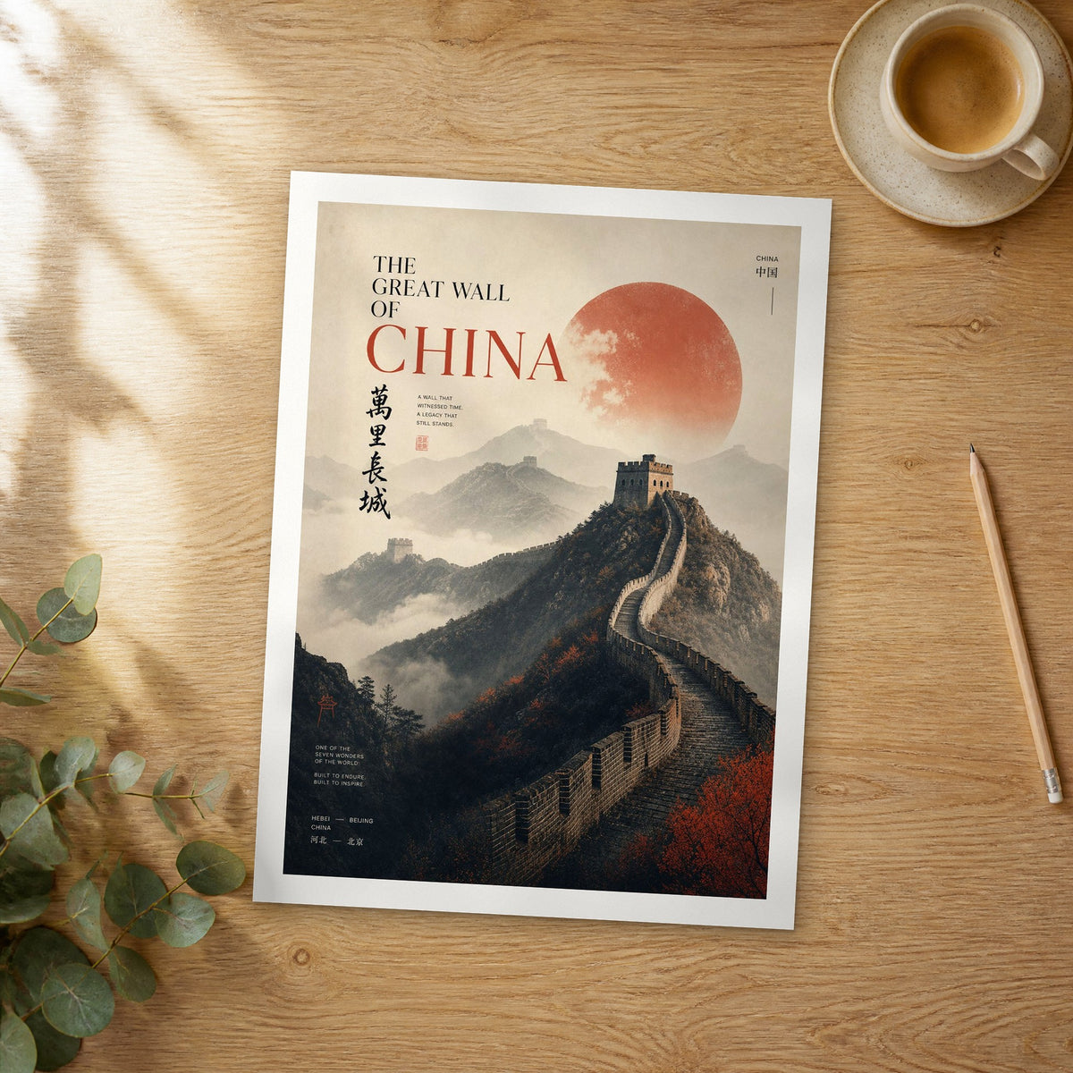 Unframed The Great Wall of China bold typography travel poster on a wooden table