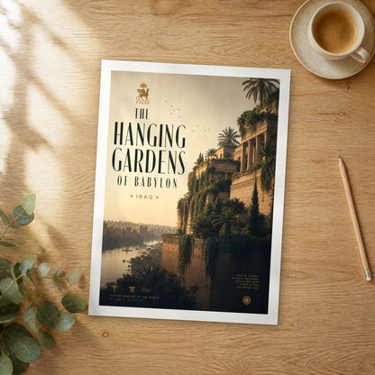 Unframed The Hanging Gardens of Babylon bold typography travel poster on a wooden table