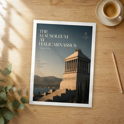 Unframed The Mausoleum at Halicarnassus bold typography travel poster on a wooden table