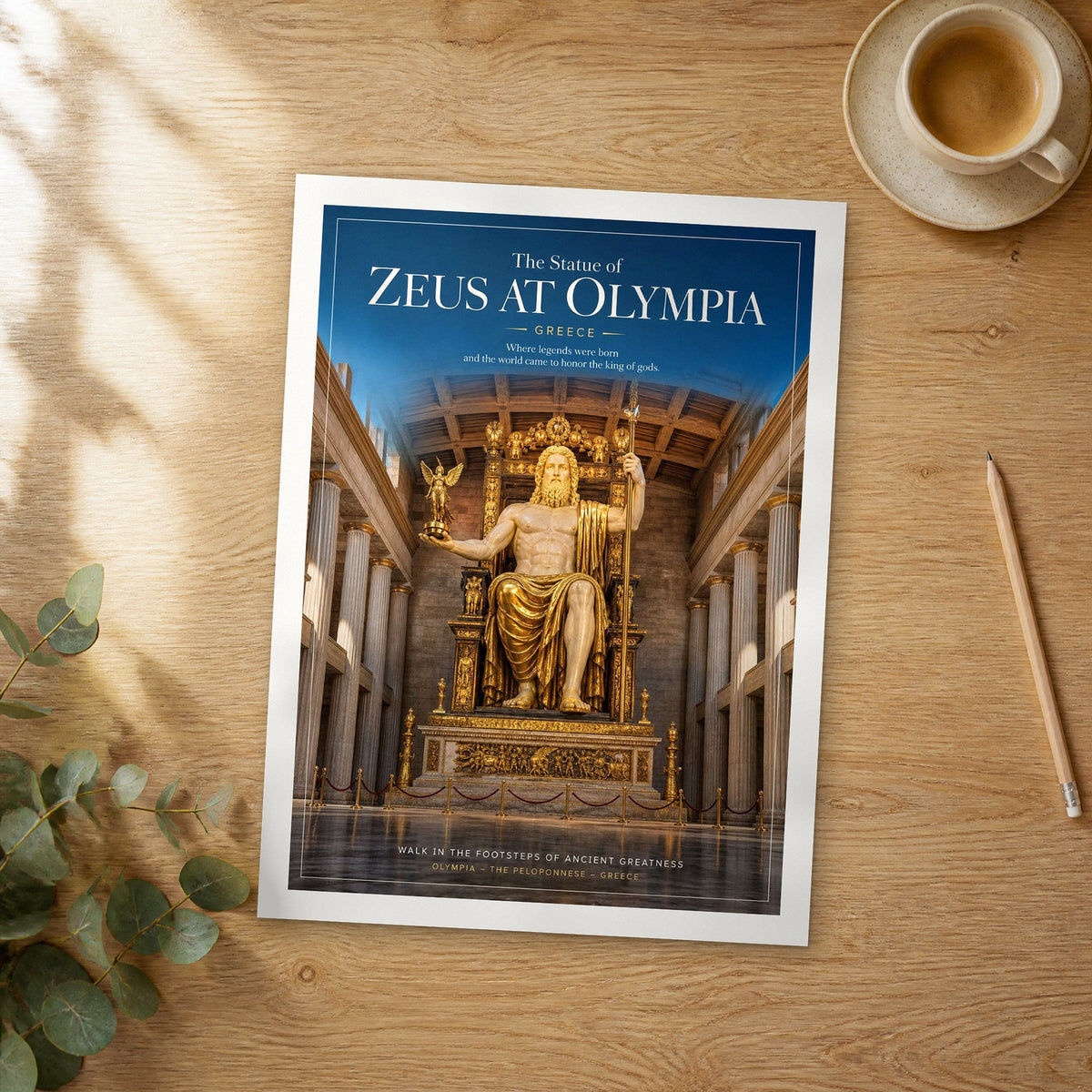 Unframed The Statue of Zeus at Olympia editorial travel poster on a wooden table