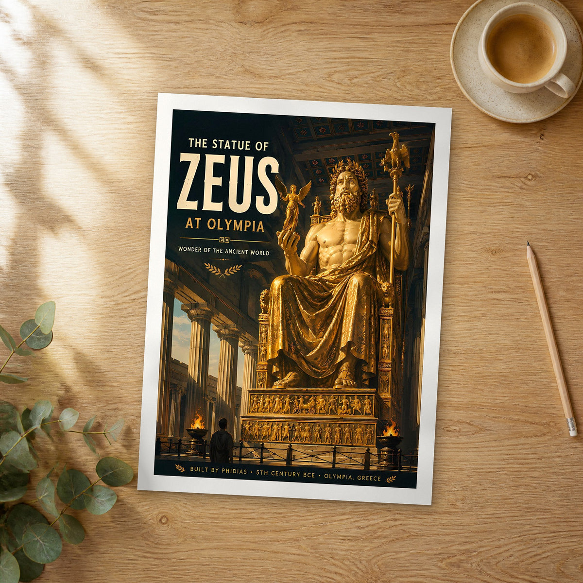 Unframed The Statue of Zeus at Olympia retro travel poster on a wooden table