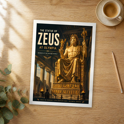 Unframed The Statue of Zeus at Olympia retro travel poster on a wooden table