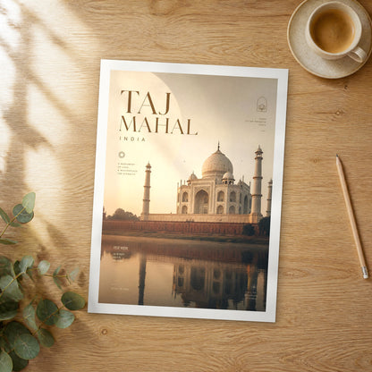 Unframed The Taj Mahal bold typography travel poster on a wooden table