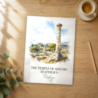 Unframed The Temple of Artemis at Ephesus watercolor travel poster on a wooden table