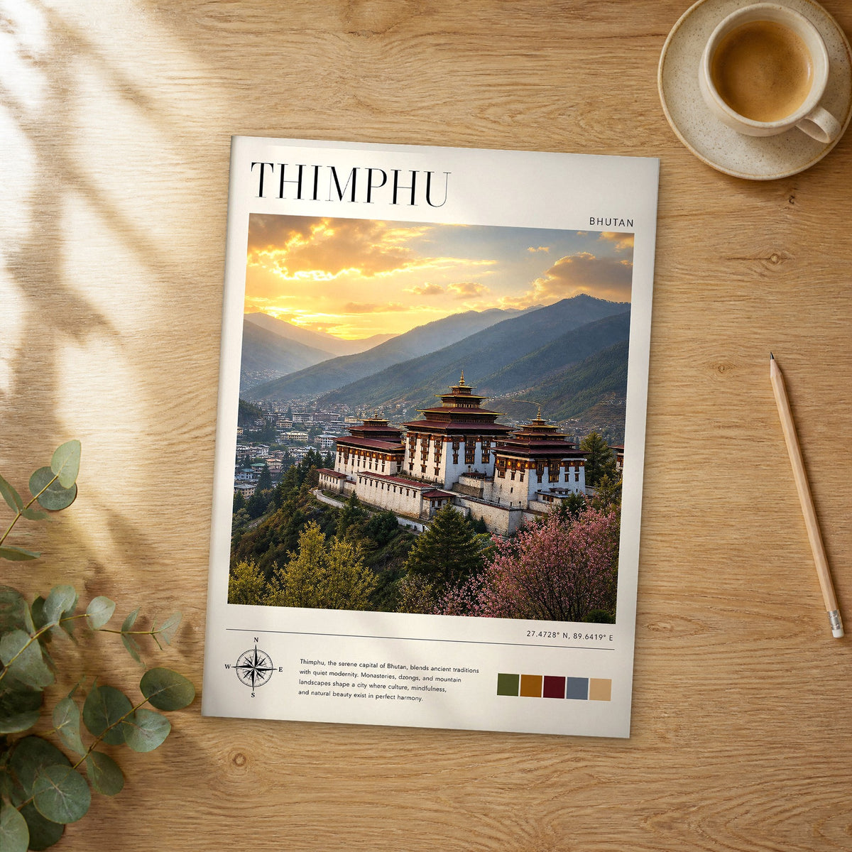 Unframed Thimphu modern photography travel poster on a wooden table