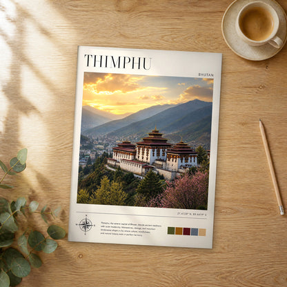 Unframed Thimphu modern photography travel poster on a wooden table