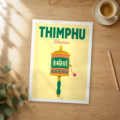 Unframed Thimphu pop art travel poster on a wooden table