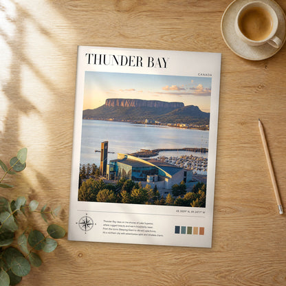 Unframed Thunder Bay modern photography travel poster on a wooden table