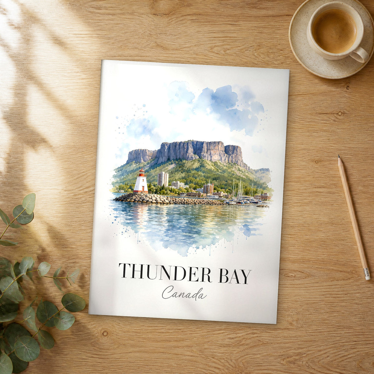 Unframed Thunder Bay watercolor travel poster on a wooden table