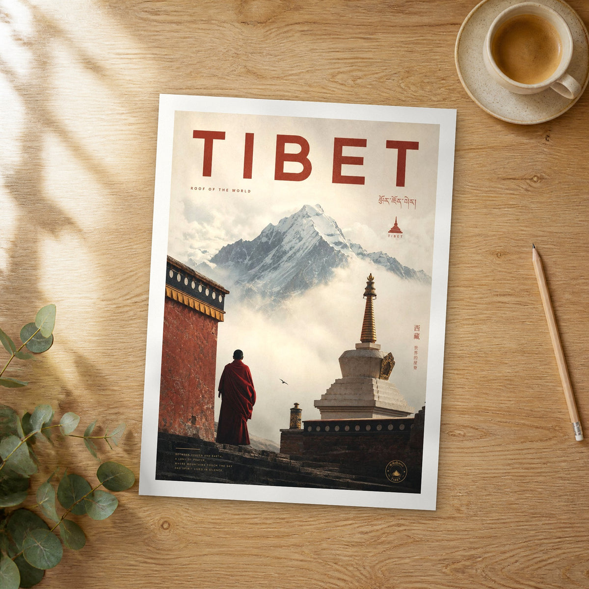 Unframed Tibet Monk at Stupa bold typography travel poster on a wooden table