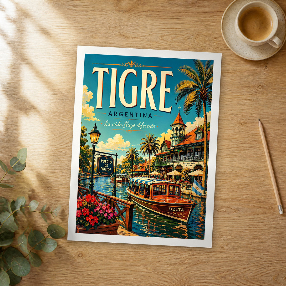 Unframed Tigre retro travel poster on a wooden table