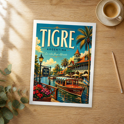 Unframed Tigre retro travel poster on a wooden table