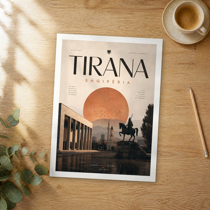 Unframed Tirana bold typography travel poster on a wooden table