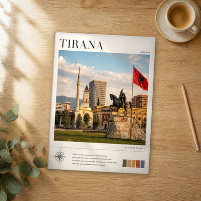 Unframed Tirana modern photography travel poster on a wooden table