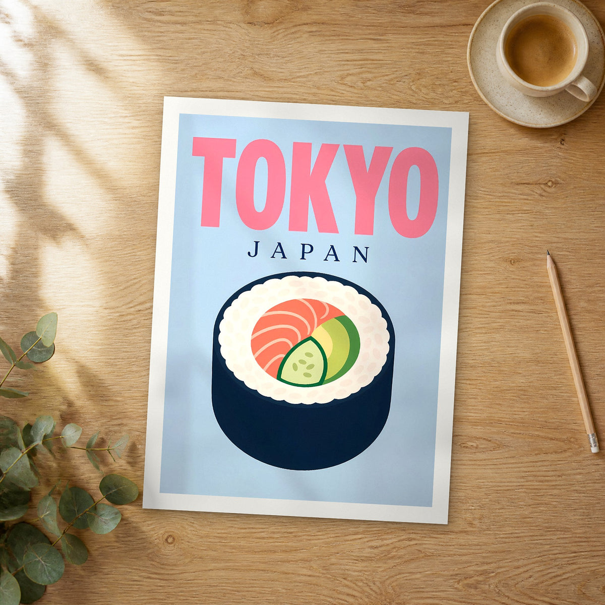Unframed Tokyo pop art travel poster on a wooden table