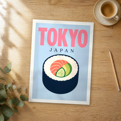 Unframed Tokyo pop art travel poster on a wooden table