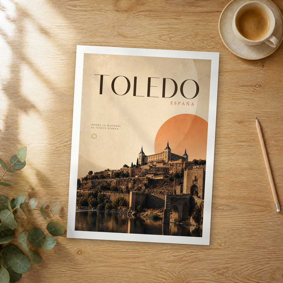 Unframed Toledo bold typography travel poster on a wooden table
