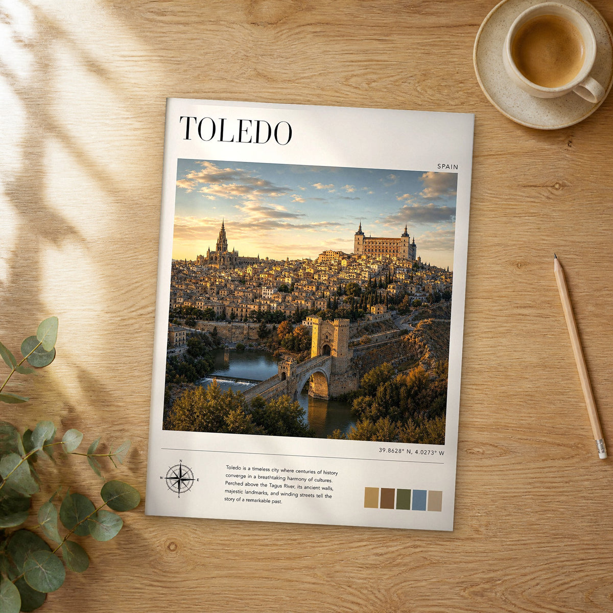Unframed Toledo modern photography travel poster on a wooden table