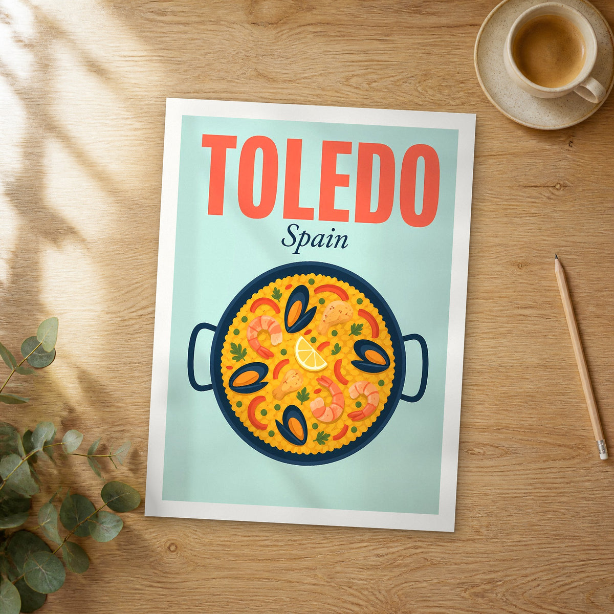 Unframed Toledo pop art travel poster on a wooden table