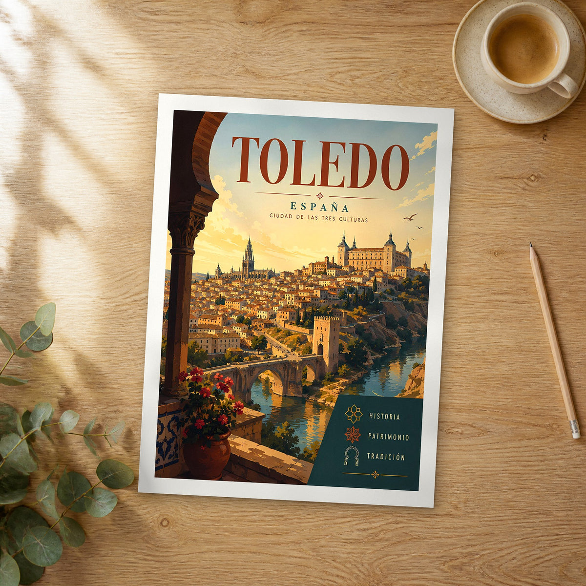 Unframed Toledo retro travel poster on a wooden table