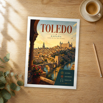 Unframed Toledo retro travel poster on a wooden table