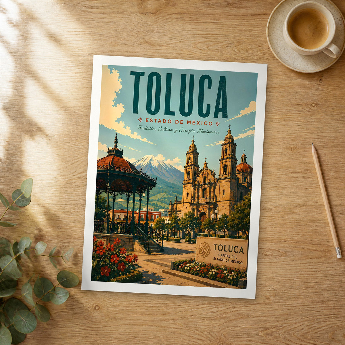 Unframed Toluca retro travel poster on a wooden table