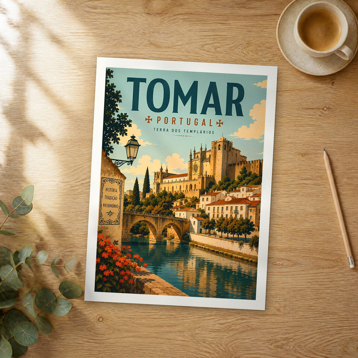 Unframed Tomar retro travel poster on a wooden table