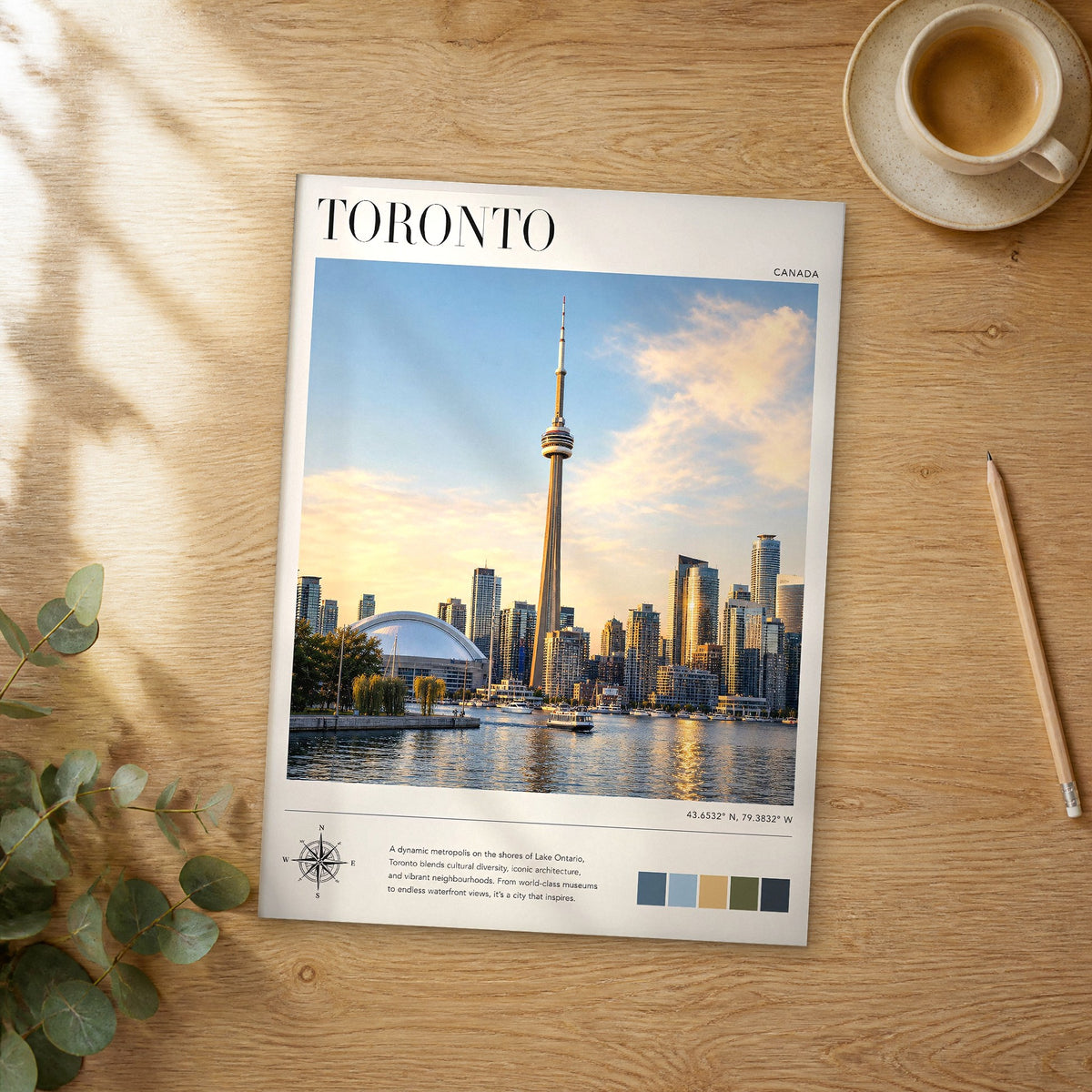 Unframed Toronto modern photography travel poster on a wooden table