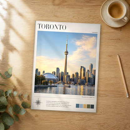 Unframed Toronto modern photography travel poster on a wooden table