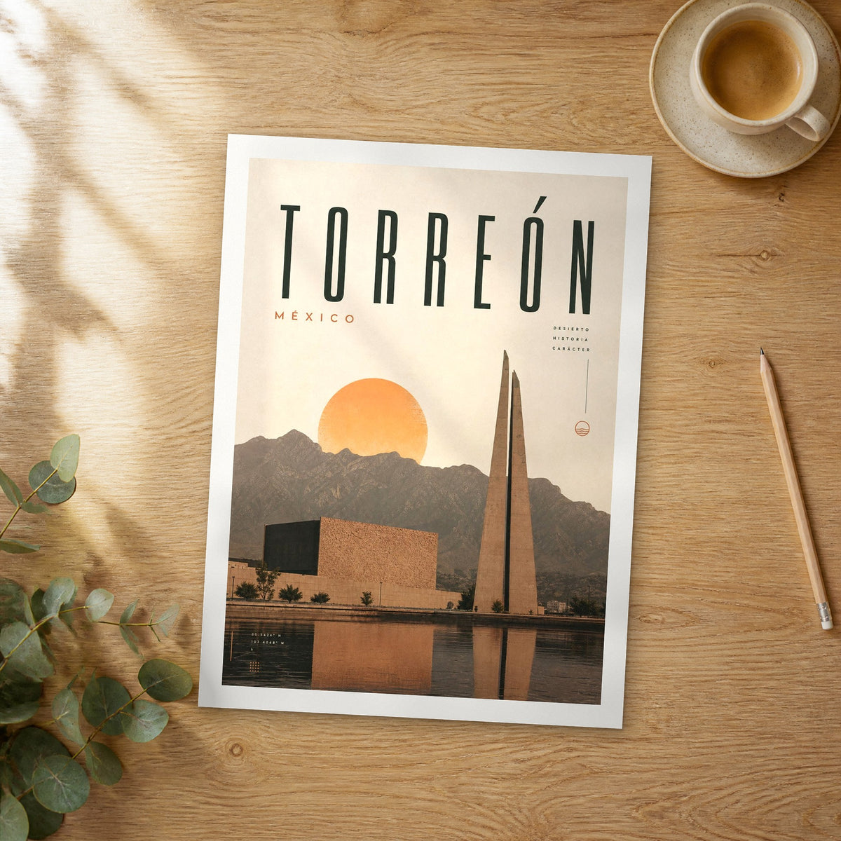Unframed Torreon bold typography travel poster on a wooden table