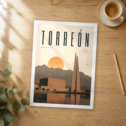 Unframed Torreon bold typography travel poster on a wooden table