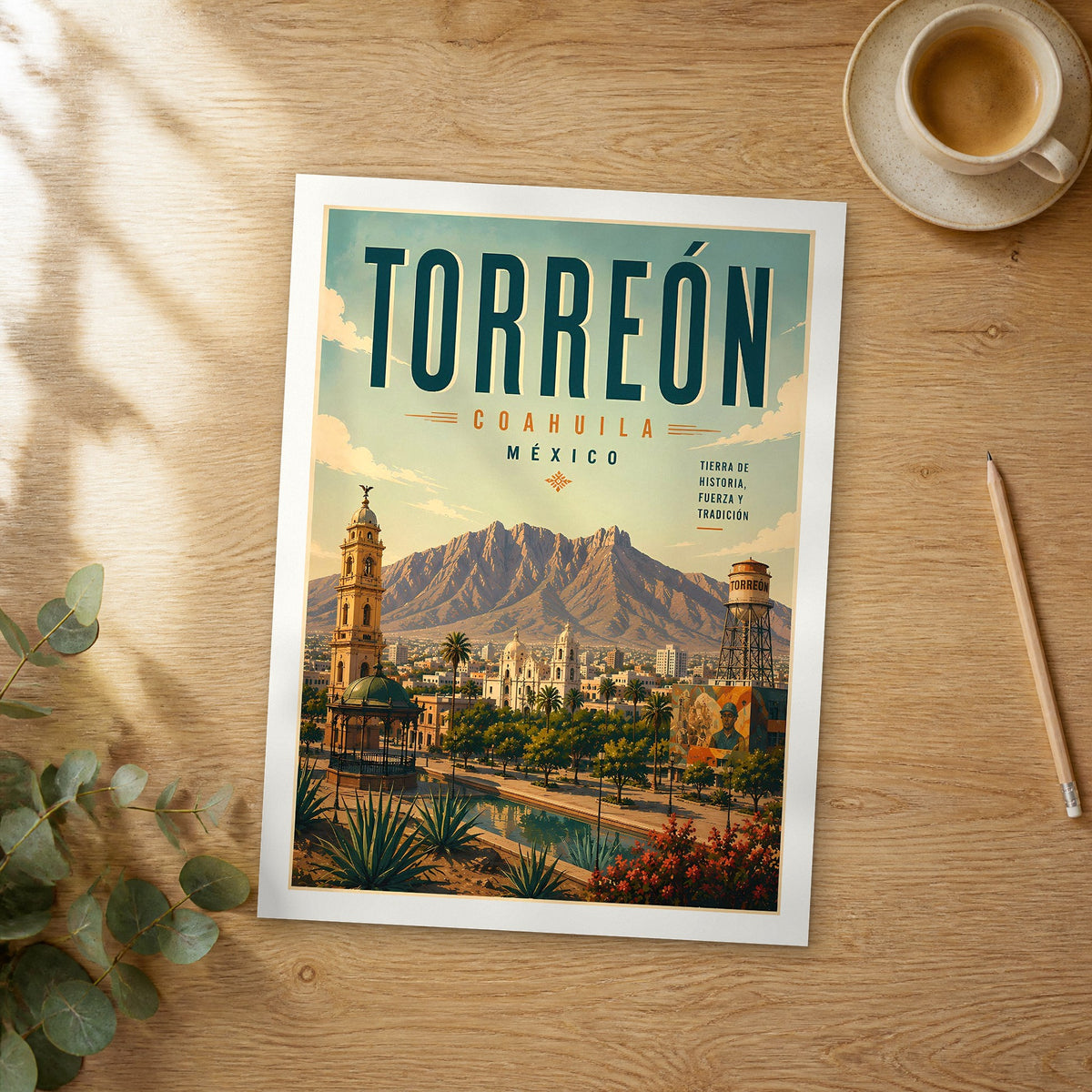 Unframed Torreon retro travel poster on a wooden table