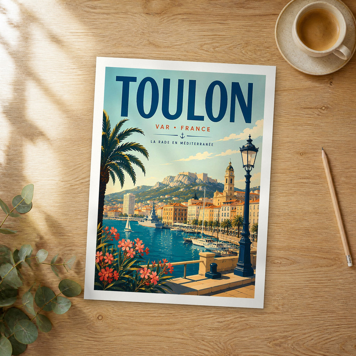 Unframed Toulon retro travel poster on a wooden table