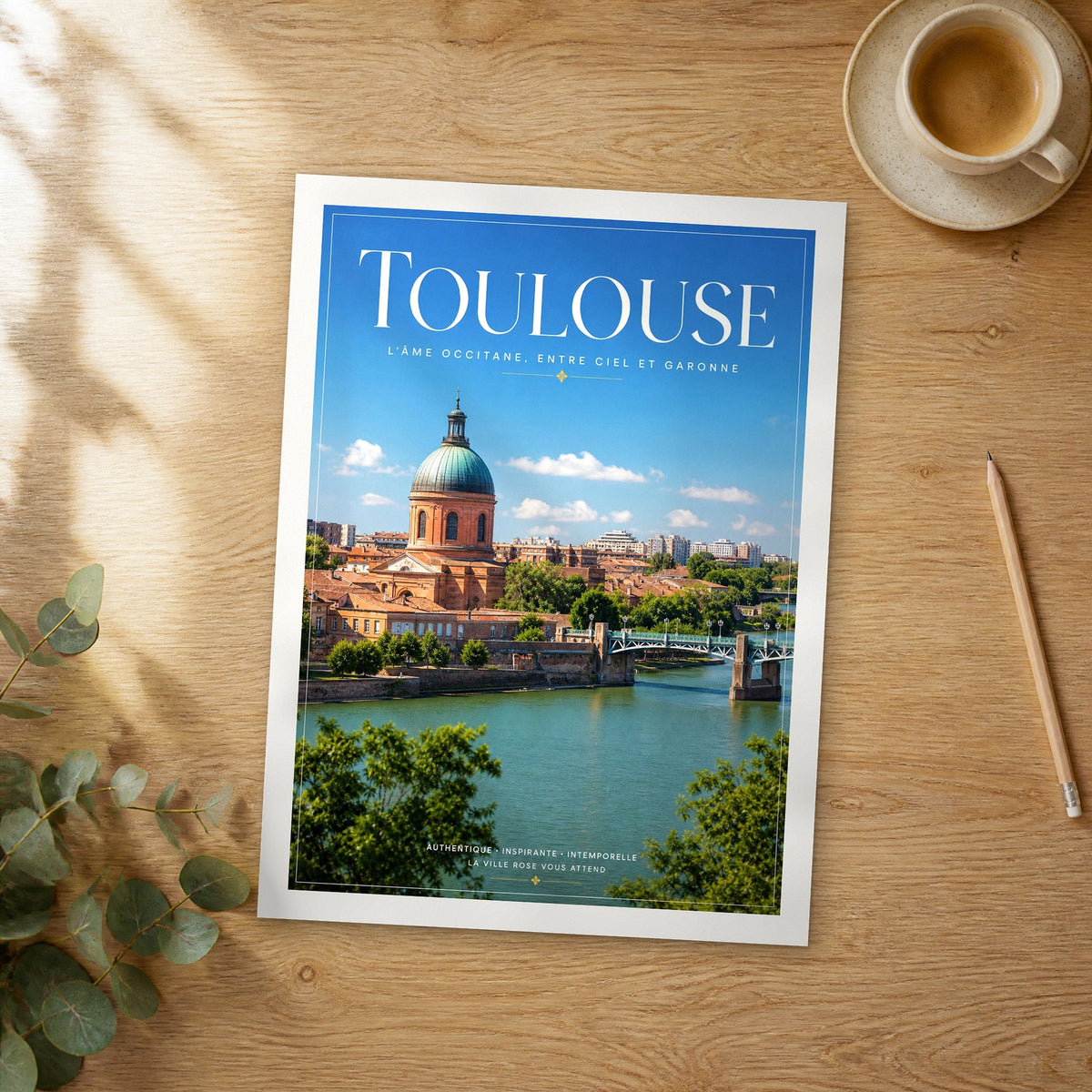Unframed Toulouse editorial travel poster on a wooden table