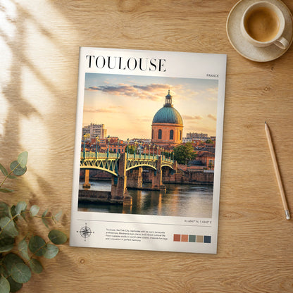 Unframed Toulouse modern photography travel poster on a wooden table