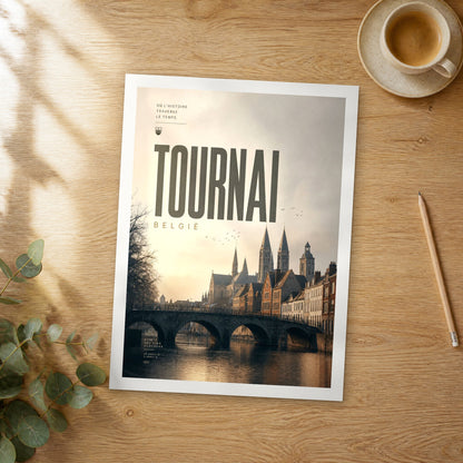 Unframed Tournai bold typography travel poster on a wooden table